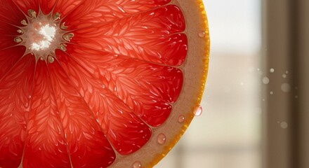 Close-up of a sliced citrus fruit with visible pulp and juice, fresh and vibrant detail