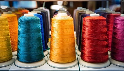 colorful spools of thread in textile machinery for sewing and embroidery projects