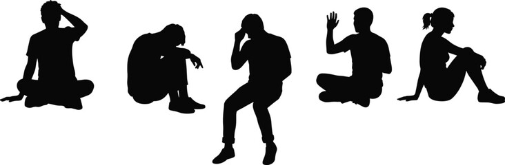 Black silhouette collection of people sitting in various poses, men and women vector illustration for lifestyle, relaxation, thinking, casual design.