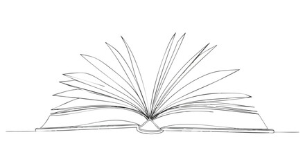 A minimalist line drawing of an open book with its pages fanned out, suggesting the act of reading or learning.