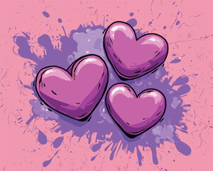 Three vibrant pink hearts are arranged on a playful pink backdrop, surrounded by a splash of purple paint, creating a cheerful and lively atmosphere.