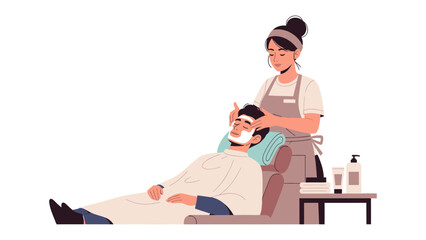 Skilled female barber applying shaving cream to a male client s face in a modern salon setting