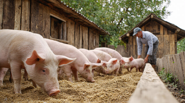 A farmer feeding pigs in an outdoor pen on a farm, with a rustic barn in the background and pigs eagerly eating, showcasing animal care and farming outdoors.