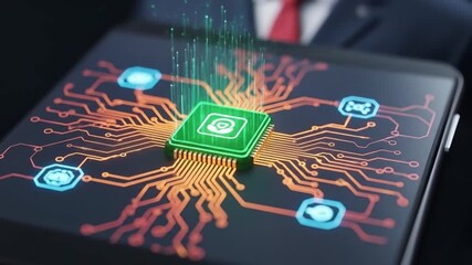 Digital circuit board with glowing elements, representing data processing and modern technology - Powered by Adobe