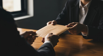 Two individuals in suits conduct a secret transaction, exchanging a brown envelope across a wooden table in a dimly lit, somber atmosphere of intrigue and mystery.