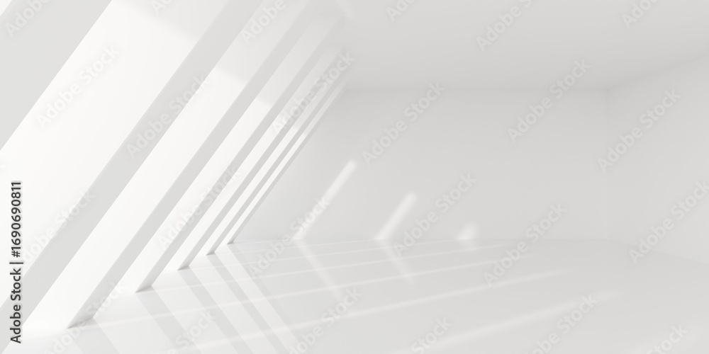 Aufkleber empty blank white room background with array of angled pillars and sunlight, modern interior templat