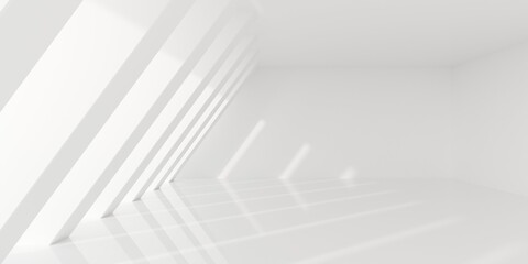 Empty blank white room background with array of angled pillars and sunlight, modern interior template