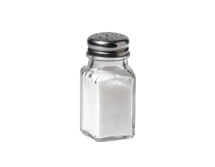 A clear glass salt shaker with a chrome top, filled with white salt crystals