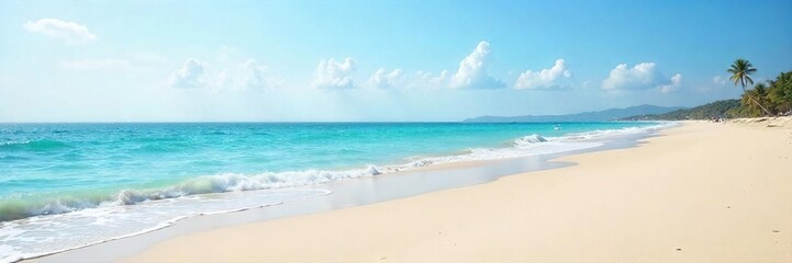 Fototapeta premium Endless horizon of a tranquil beach, waves gently lapping the shore under a clear sky Perfect for travel, vacation, or summer themes Serenity, peace, relaxation are palpable , beach, tranquil, wide