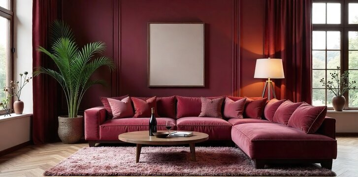 Elegant wine-colored decor accents add a touch of French sophistication to a modern living room Rich textures and deep hues create a luxurious ambiance , home staging, fabrics
