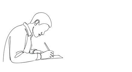 A single continuous line drawing of a person writing on a piece of paper with a pencil.