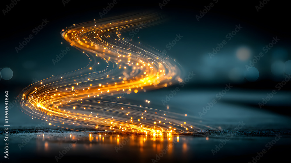 Poster abstract golden light trail with a particle for a magical or a technology