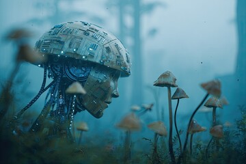 A robot in a misty forest