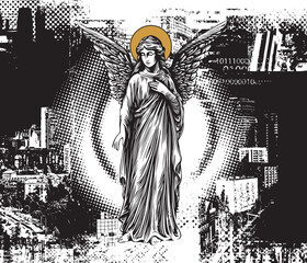 Vector banner with angel on cityscape and grunge pixel background. On urbanism, street art, nuclear war, apocalypse and religion. T-shirt design, tattoo, poster, music or book cover. No AI used
