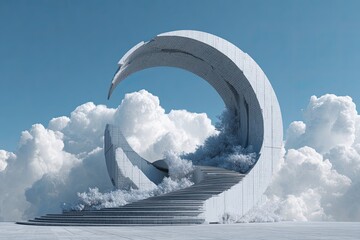Futuristic concrete archway stairway amongst clouds