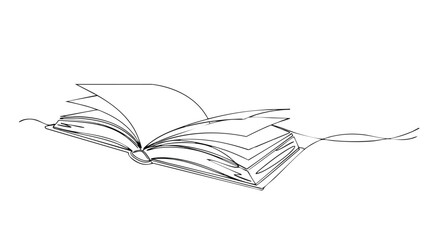 Continuous line drawing of an open book, pages fluttering gently.