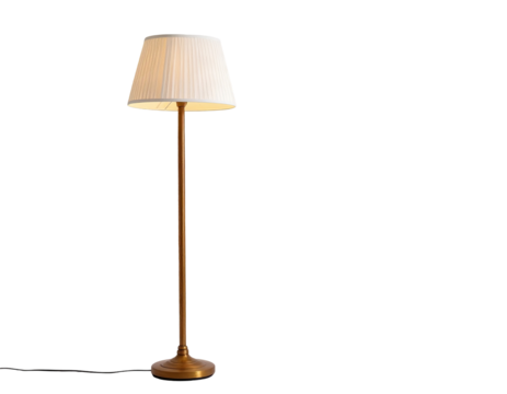 Floor lamp with a cream-colored pleated shade and a wooden pole