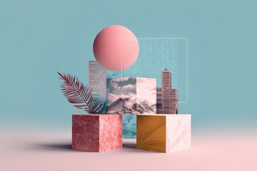 Abstract geometric composition with pastel colors and layered imagery