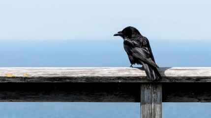 A black crow perched on a weathered wooden railing overlooking a vast expanse of blue ocean
