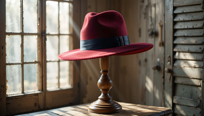 Classic Red Fedora Hat on Wooden Stand by a Sunlit Window