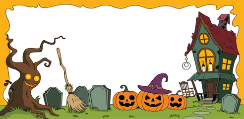 Spooky Halloween Illustration with Pumpkins, a Witch Hat, a Haunted House, a Broom, and a Creepy Tree with Gravestones on a Grassy Field with Yellow Border
