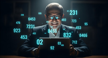 Successful businessman analyzes financial data on tablet, strategic planning, market trends, investment opportunities, achieving growth and success in the global economy.