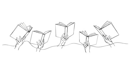 A minimalist line drawing depicting five hands holding open books, arranged in a horizontal composition against a white background.