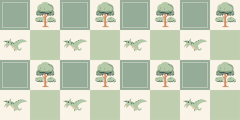Cute dinosaurs checkerboard pattern. Jungle dinosaurs animal seamless pattern. Safari dinosaurs and tropical plants. Perfect for fabrics, print, textile, wallpaper, decor.