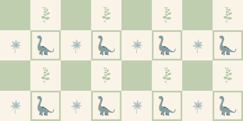 Cute dinosaurs checkerboard pattern. Jungle dinosaurs animal seamless pattern. Safari dinosaurs and tropical plants. Perfect for fabrics, print, textile, wallpaper, decor.