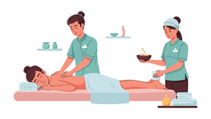 Two professional spa therapists providing relaxing massage treatments to a woman lying on a massage table in a serene wellness center setting