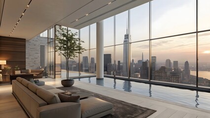 Obraz premium Luxurious modern living room with floor to ceiling windows overlooking a sprawling city skyline at sunset
