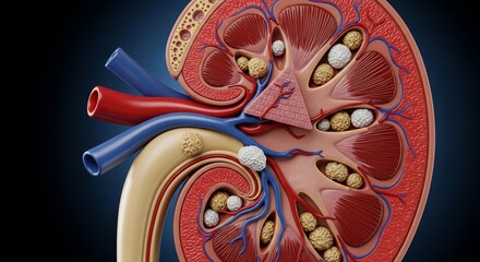 Detailed Cross Section of Kidney Showing Renal Calculi