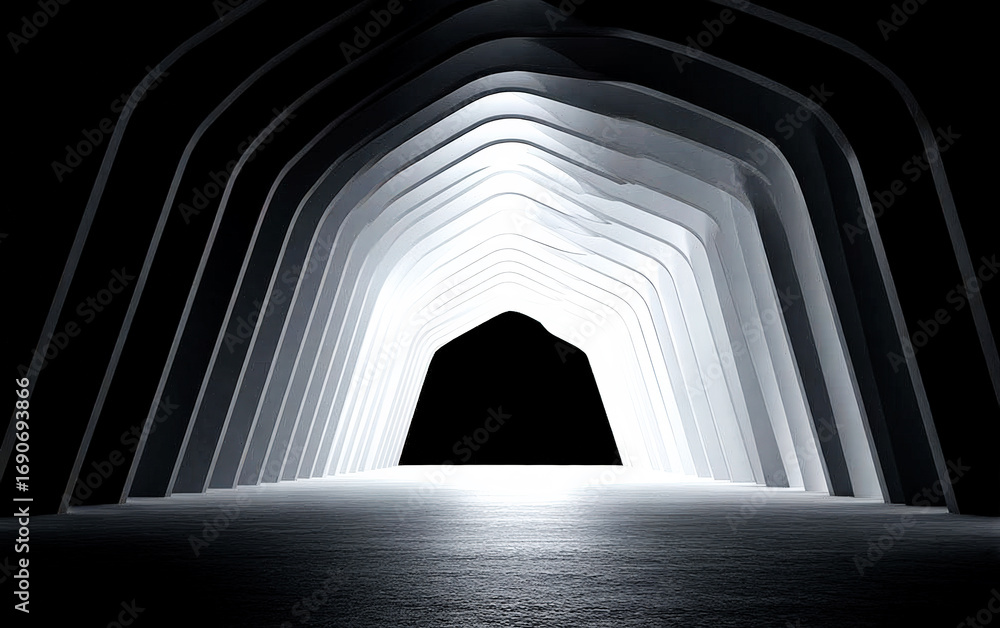 Poster modern geometric tunnel structure with bright light at the end