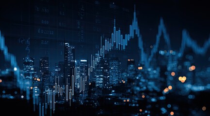 Night city skyline with financial charts