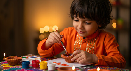 Child painting clay diya lamp for diwali festival celebration at home