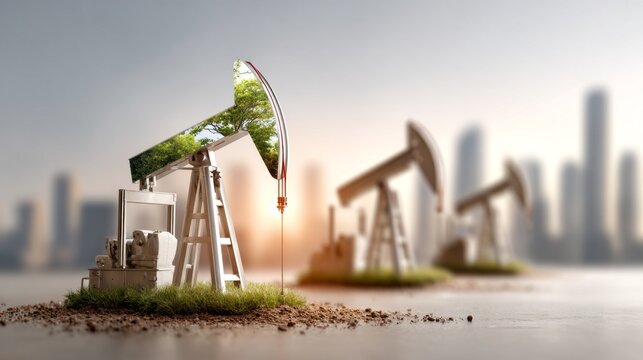 Oil pumps operating amid a global map and city skyline, symbolizing energy production and environmental awareness