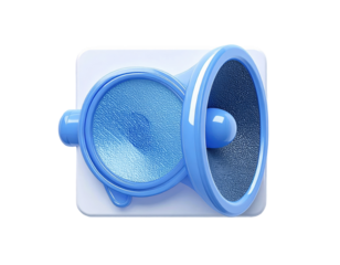 Light-blue, cartoon-style megaphone icon on a white square