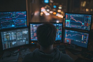 Naklejka premium Person working at a night-time trading station