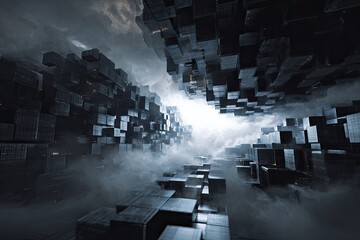 Futuristic cityscape of dark, metallic cubes
