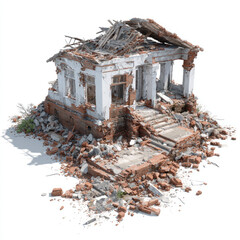 Destroyed house remains with shattered walls and broken roof