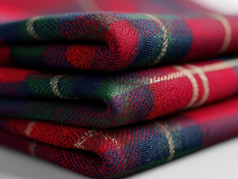 Warm red tartan fabric folds evoke cozy winter nights by the fire, perfect for holiday designs & home decor