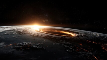 Sunrise over a ringed Earth from space.  Fiery ring encircles planet