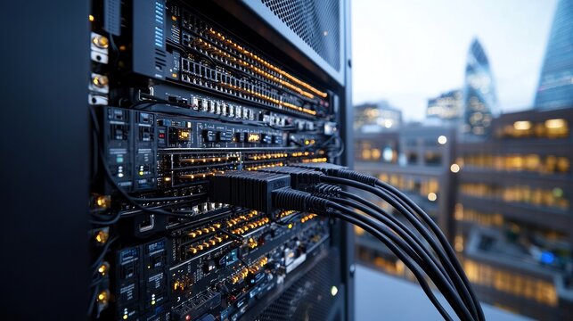 Network server rack outdoors with cityscape view