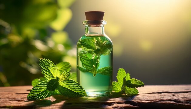 refreshing still life bottle of liquid paired with fresh mint for revitalizing experience
