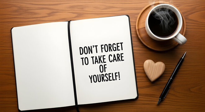 Don't forget to take care of yourself!  A daily reminder to prioritize well-being and self-care with a warm cup of coffee and a cozy atmosphere.