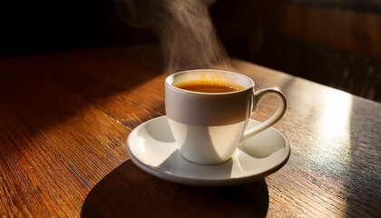Obraz premium steaming espresso shot sits atop white mug bathed warm sunlight casts dramatic shadows across surrounding table rich wood