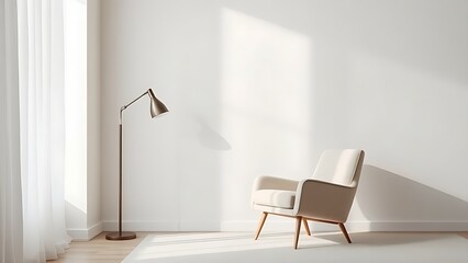 A minimalist living room corner featuring a modern armchair and floor lamp in neutral tones.