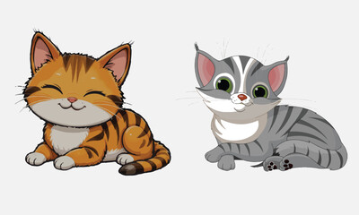 Cute and smile cats set, doodle pets friends. Collection of funny adorable cats or fluffy kittens cartoon character design with flat color. Pets companions friendship.