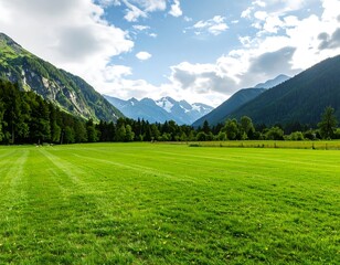 Obraz premium Lush green valley with mountains (1)