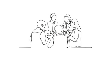 Line drawing of a group of business people in a meeting discussing a project.
